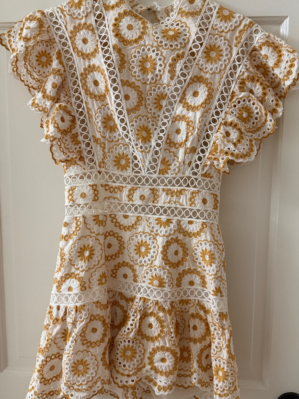 White & Mustard Eyelet Lace Flutter Sleeve Romper